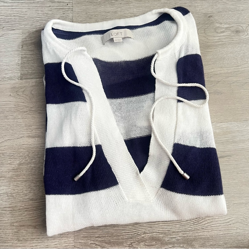 White and Navy Linen and Cotton Striped Knit Deep V Neck top